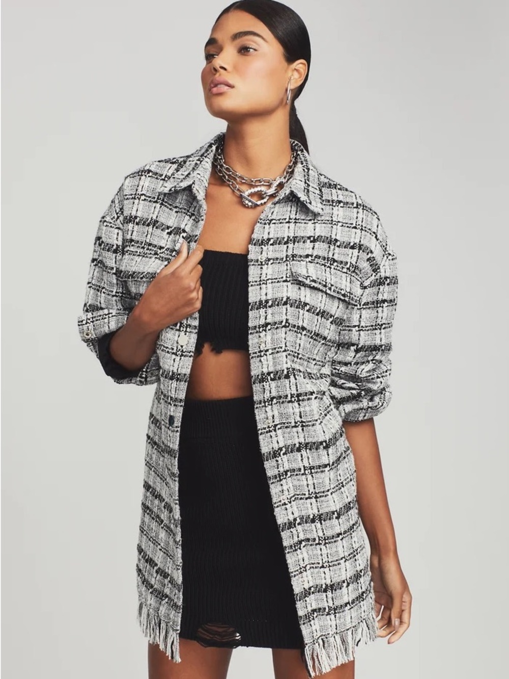 Retrofête Paris Black White Tweed Fringe Jacket XS